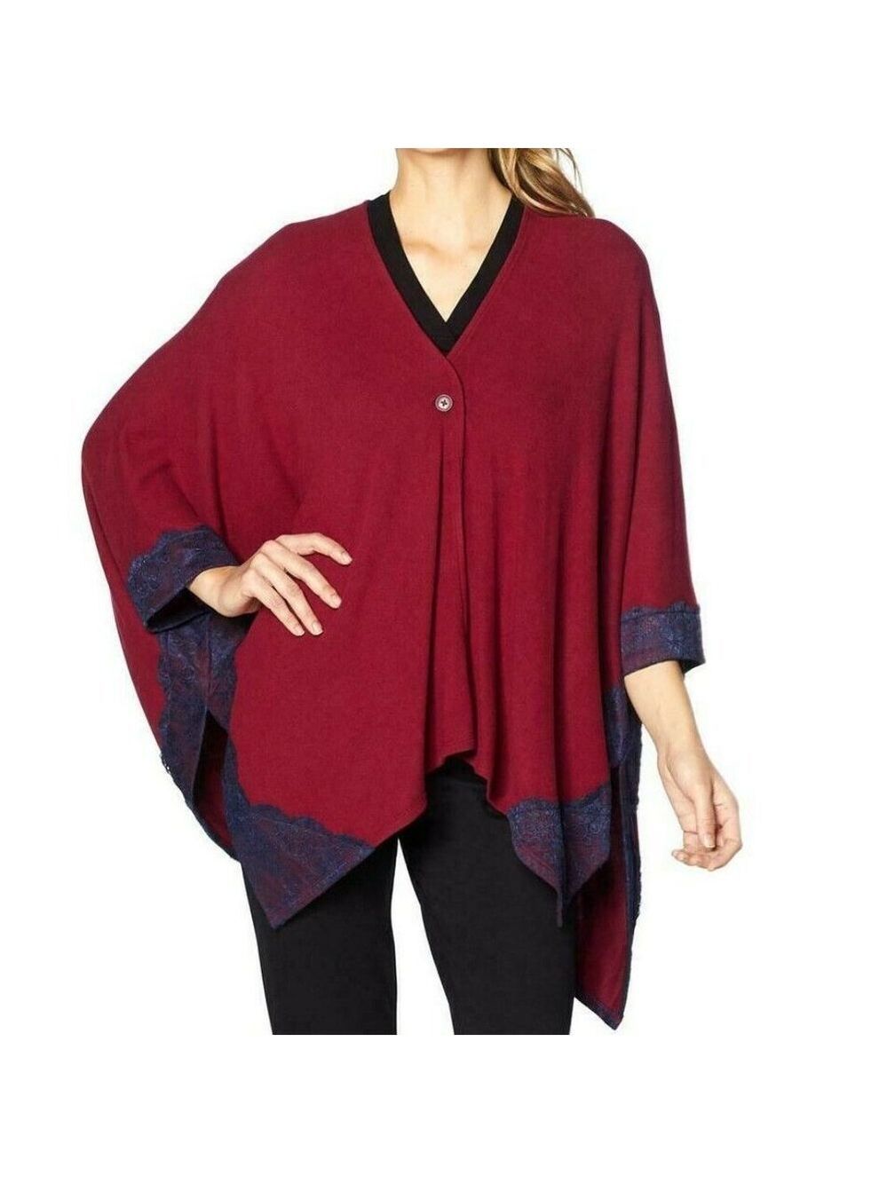 Soft Cozy Cardigan Brushed Hacci Knit Poncho Lace Trim